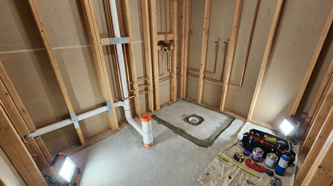Bathroom rough-in plumbing during remodel by Johns Plumbing LLC in Springhill