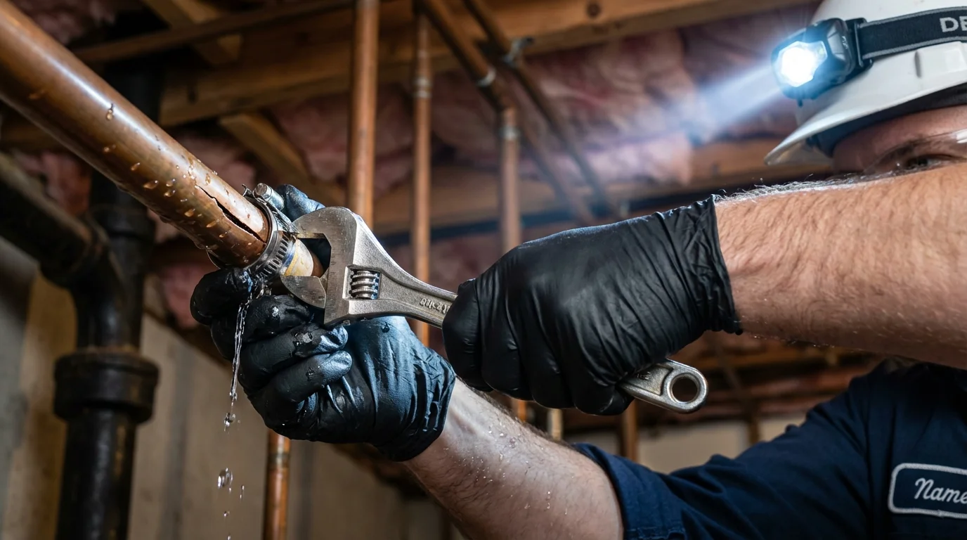 Emergency pipe clamp repair being performed by a Johns Plumbing LLC plumber in Springhill