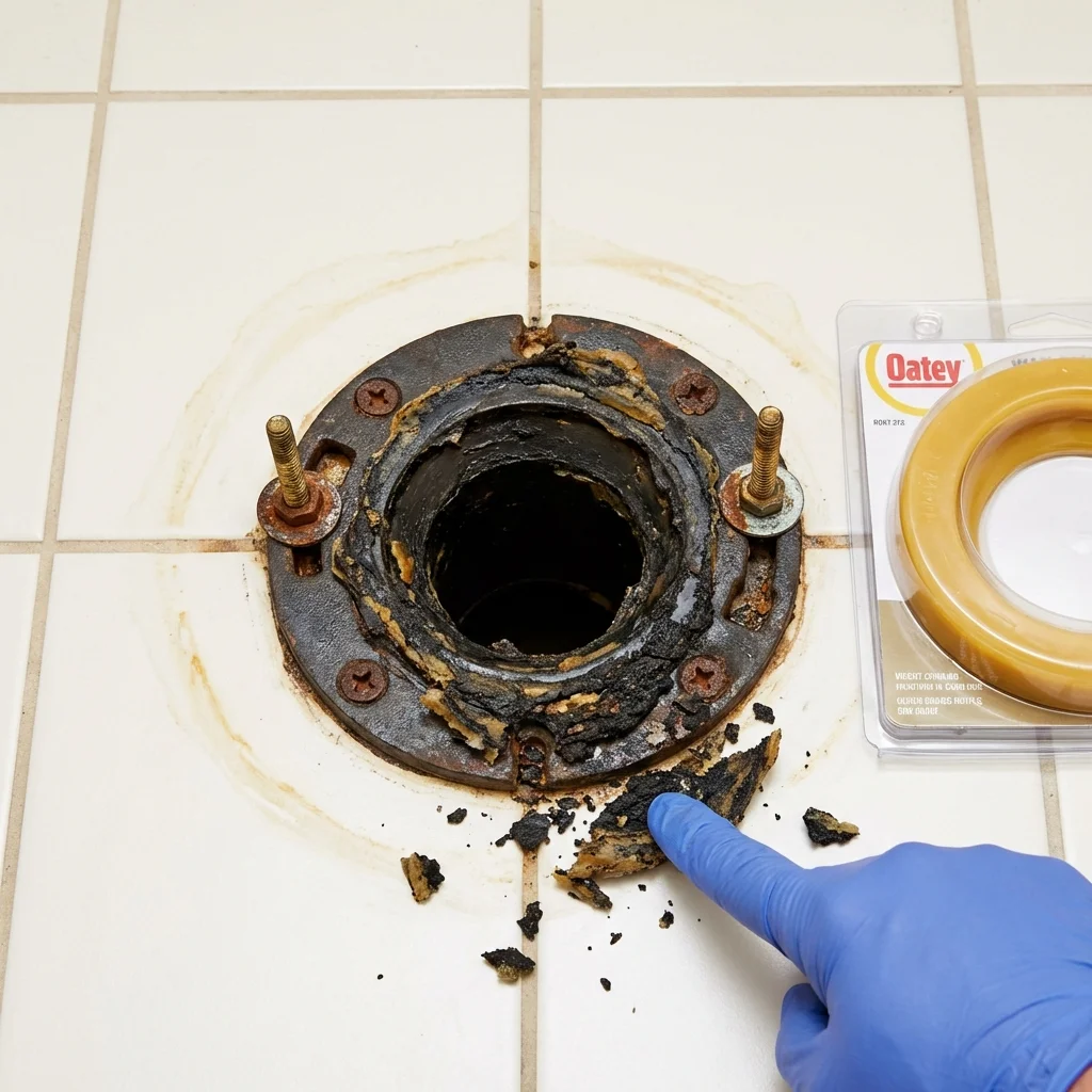 Failed wax ring showing water seepage at the base of a toilet in a Springhill, LA home