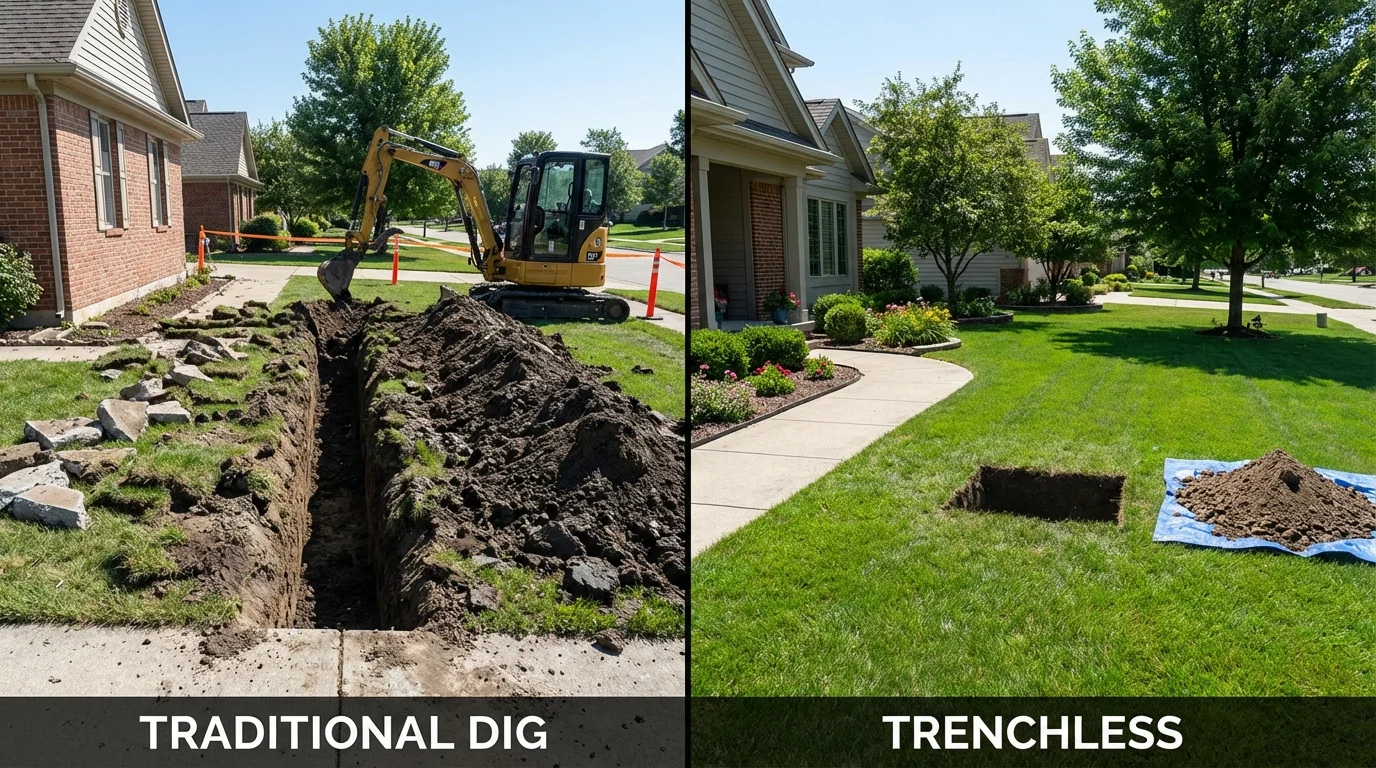 Trenchless sewer repair with minimal yard damage versus traditional excavation in Springhill, LA