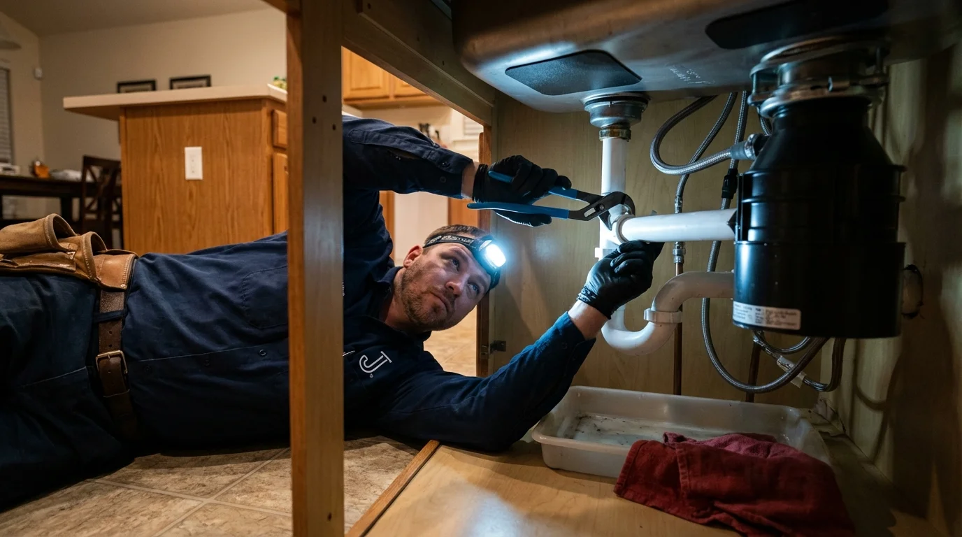 P-trap and supply line connections under a kitchen sink showing a common leak point in Springhill, LA